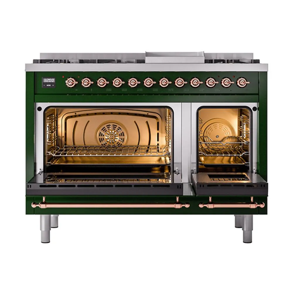 Ilve UN48FQNMPEGPLP Ilve Un48Fqnmpegplp Nostalgie Ii Noblesse 48" Dual Fuel Range (8 Sealed Burners   Griddle, Liquid Propane, Solid Door, Emerald Green, Copper)