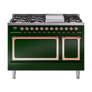 Ilve UN48FQNMPEGPLP Ilve Un48Fqnmpegplp Nostalgie Ii Noblesse 48" Dual Fuel Range (8 Sealed Burners   Griddle, Liquid Propane, Solid Door, Emerald Green, Copper)