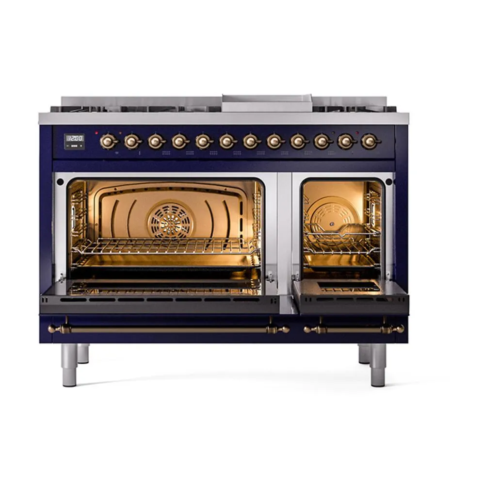 Ilve UN48FQNMPMBBLP Ilve Un48Fqnmpmbblp Nostalgie Ii Noblesse 48" Dual Fuel Range (8 Sealed Burners   Griddle, Liquid Propane, Solid Door, Midnight Blue, Burnished)