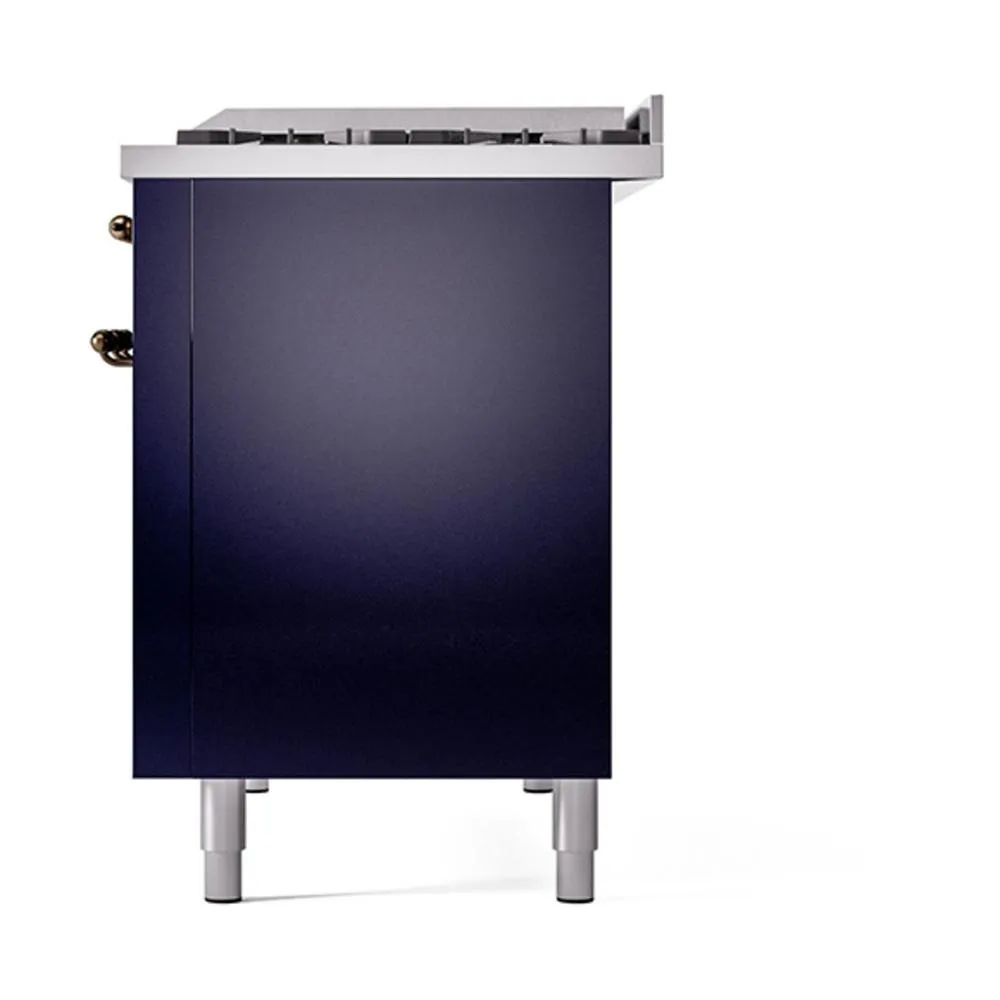 Ilve UN48FQNMPMBBLP Ilve Un48Fqnmpmbblp Nostalgie Ii Noblesse 48" Dual Fuel Range (8 Sealed Burners   Griddle, Liquid Propane, Solid Door, Midnight Blue, Burnished)