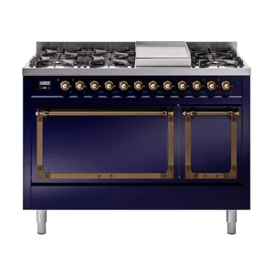 Ilve UN48FQNMPMBBLP Ilve Un48Fqnmpmbblp Nostalgie Ii Noblesse 48" Dual Fuel Range (8 Sealed Burners   Griddle, Liquid Propane, Solid Door, Midnight Blue, Burnished)