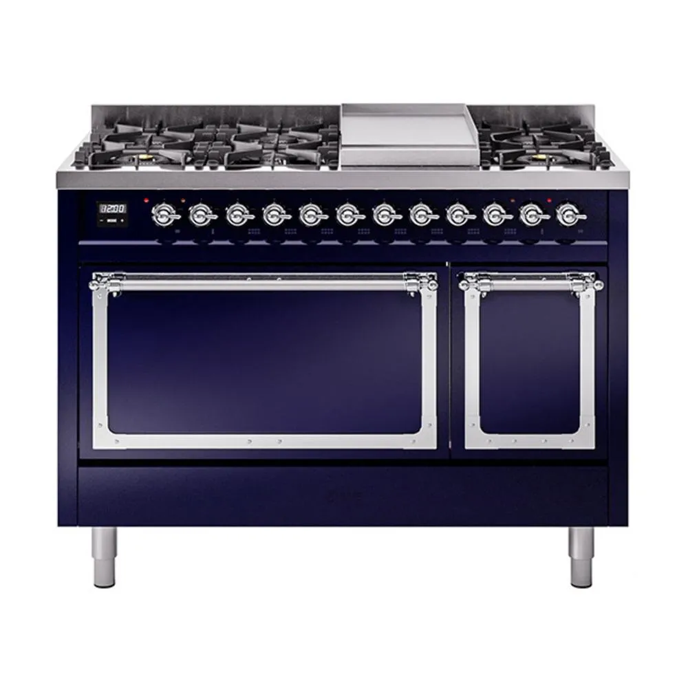 Ilve UN48FQNMPMBCLP Ilve Un48Fqnmpmbclp Nostalgie Ii Noblesse 48" Dual Fuel Range (8 Sealed Burners   Griddle, Liquid Propane, Solid Door, Midnight Blue, Chrome)