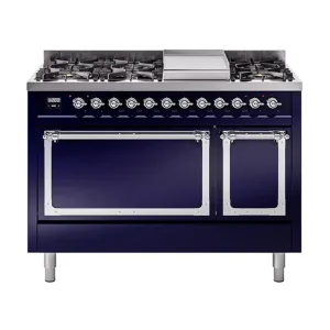 Ilve UN48FQNMPMBCLP Ilve Un48Fqnmpmbclp Nostalgie Ii Noblesse 48" Dual Fuel Range (8 Sealed Burners   Griddle, Liquid Propane, Solid Door, Midnight Blue, Chrome)