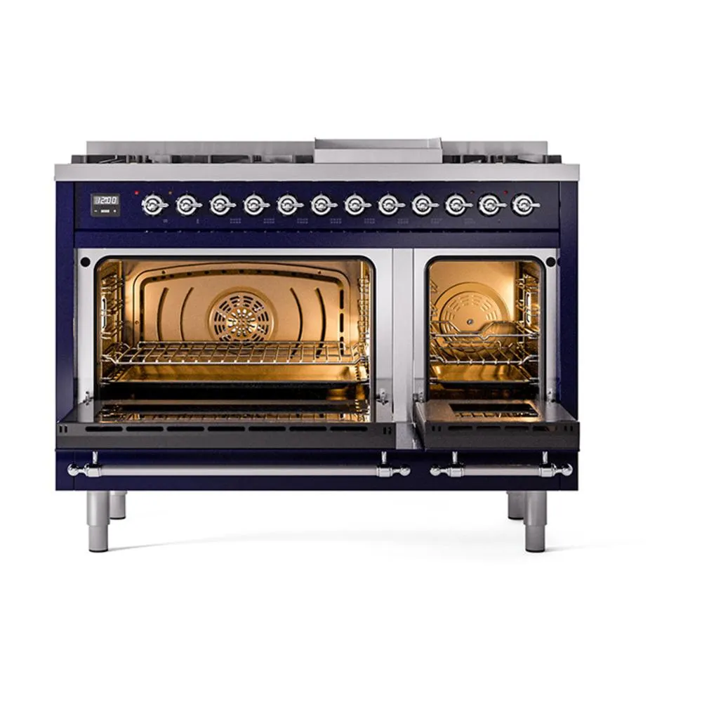 Ilve UN48FQNMPMBCLP Ilve Un48Fqnmpmbclp Nostalgie Ii Noblesse 48" Dual Fuel Range (8 Sealed Burners   Griddle, Liquid Propane, Solid Door, Midnight Blue, Chrome)