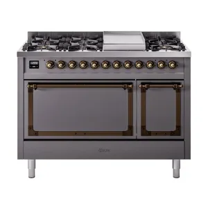 Ilve UN48FQNMPMGB Ilve Un48Fqnmpmgb Nostalgie Ii Noblesse 48" Dual Fuel Range (8 Sealed Burners   Griddle, Natural Gas, Solid Door, Graphite Matte, Burnished)