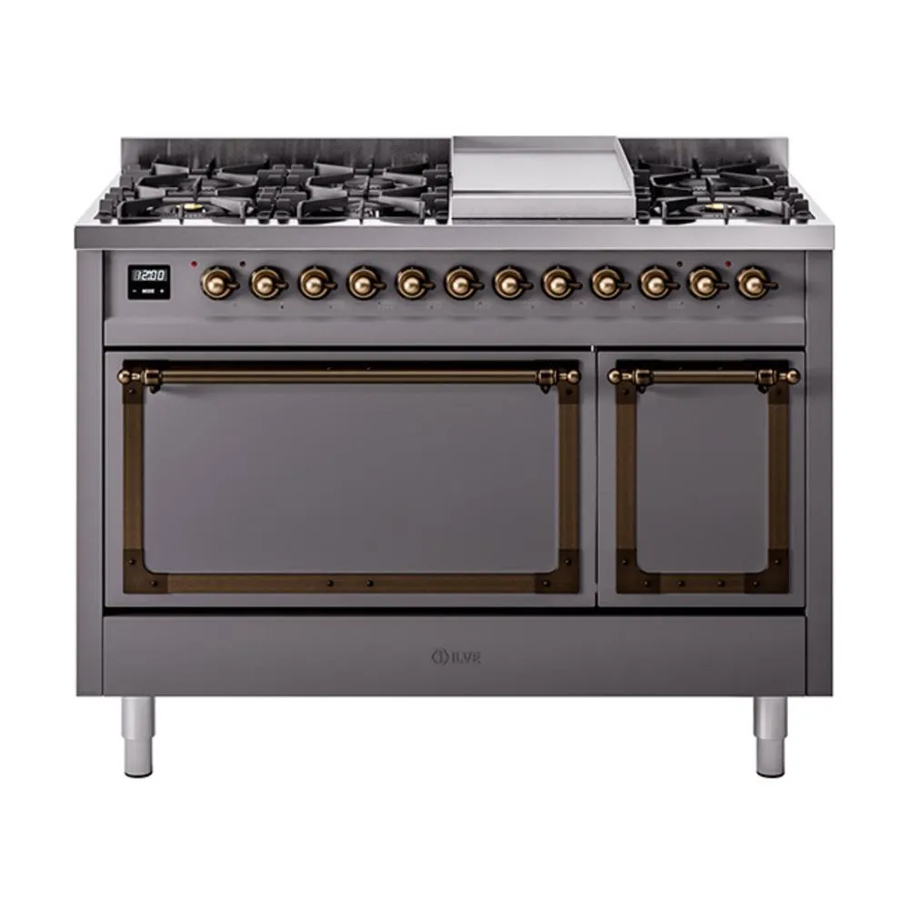 Ilve UN48FQNMPMGB Ilve Un48Fqnmpmgb Nostalgie Ii Noblesse 48" Dual Fuel Range (8 Sealed Burners   Griddle, Natural Gas, Solid Door, Graphite Matte, Burnished)