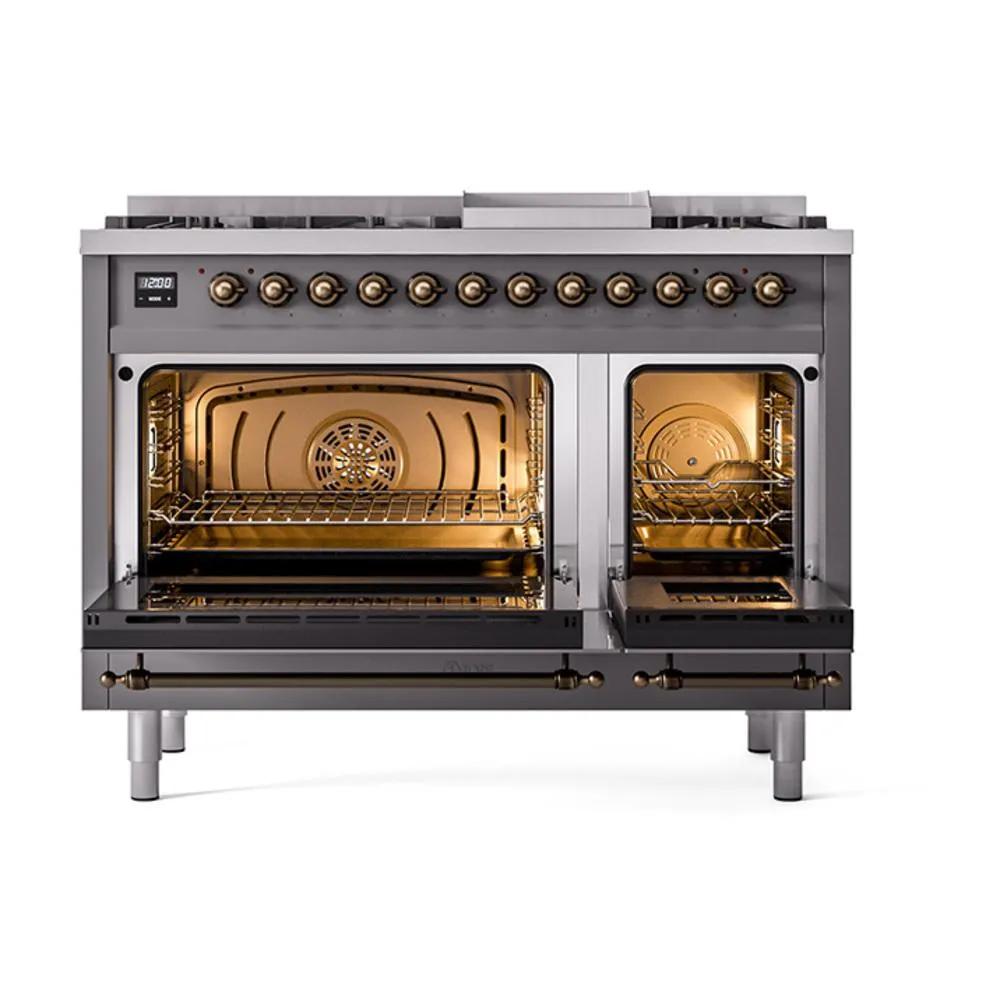 Ilve UN48FQNMPMGB Ilve Un48Fqnmpmgb Nostalgie Ii Noblesse 48" Dual Fuel Range (8 Sealed Burners   Griddle, Natural Gas, Solid Door, Graphite Matte, Burnished)