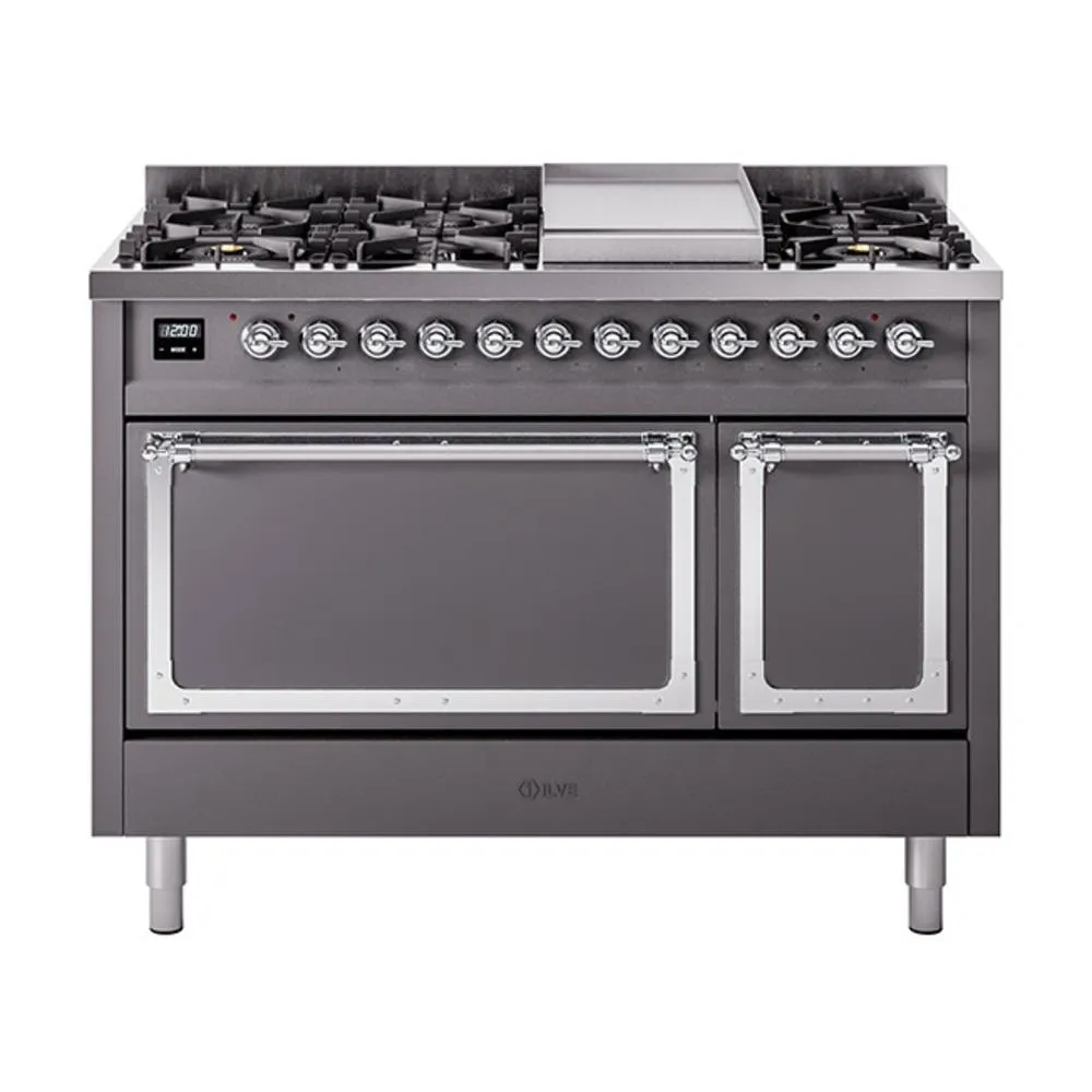 Ilve UN48FQNMPMGCLP Ilve Un48Fqnmpmgclp Nostalgie Ii Noblesse 48" Dual Fuel Range (8 Sealed Burners   Griddle, Liquid Propane, Solid Door, Graphite Matte, Chrome)