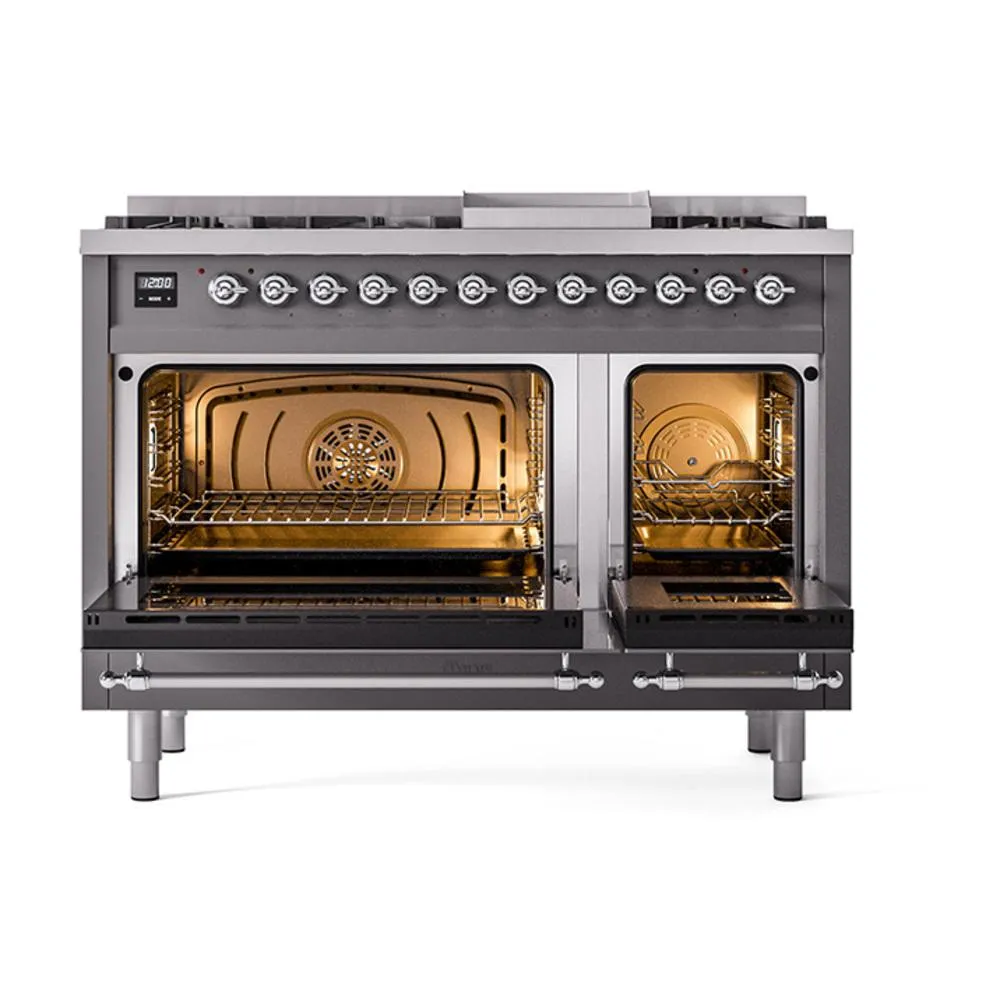 Ilve UN48FQNMPMGCLP Ilve Un48Fqnmpmgclp Nostalgie Ii Noblesse 48" Dual Fuel Range (8 Sealed Burners   Griddle, Liquid Propane, Solid Door, Graphite Matte, Chrome)