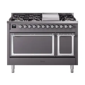 Ilve UN48FQNMPMGCLP Ilve Un48Fqnmpmgclp Nostalgie Ii Noblesse 48" Dual Fuel Range (8 Sealed Burners   Griddle, Liquid Propane, Solid Door, Graphite Matte, Chrome)