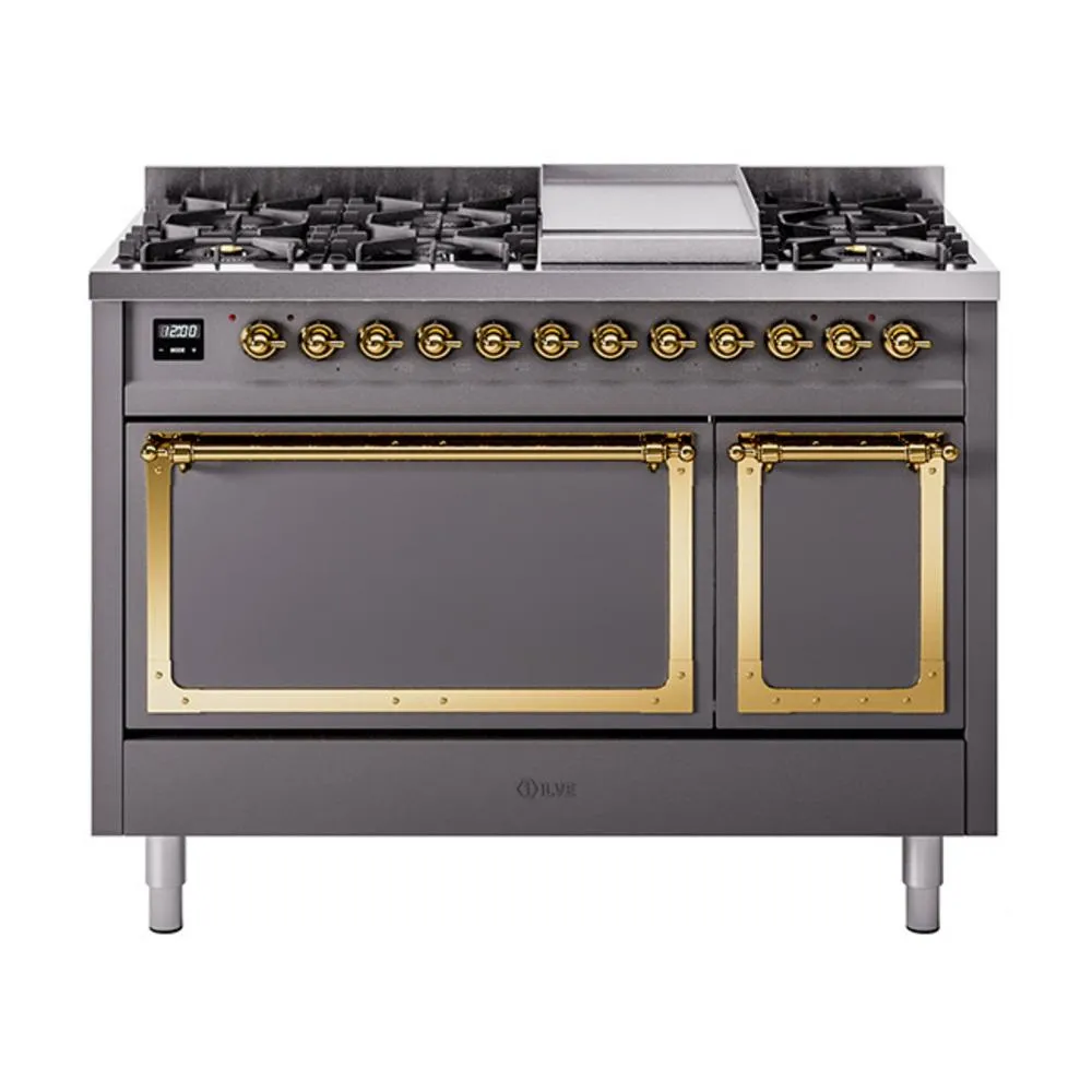 Ilve UN48FQNMPMGG Ilve Un48Fqnmpmgg Nostalgie Ii Noblesse 48" Dual Fuel Range (8 Sealed Burners   Griddle, Natural Gas, Solid Door, Graphite Matte, Brass)