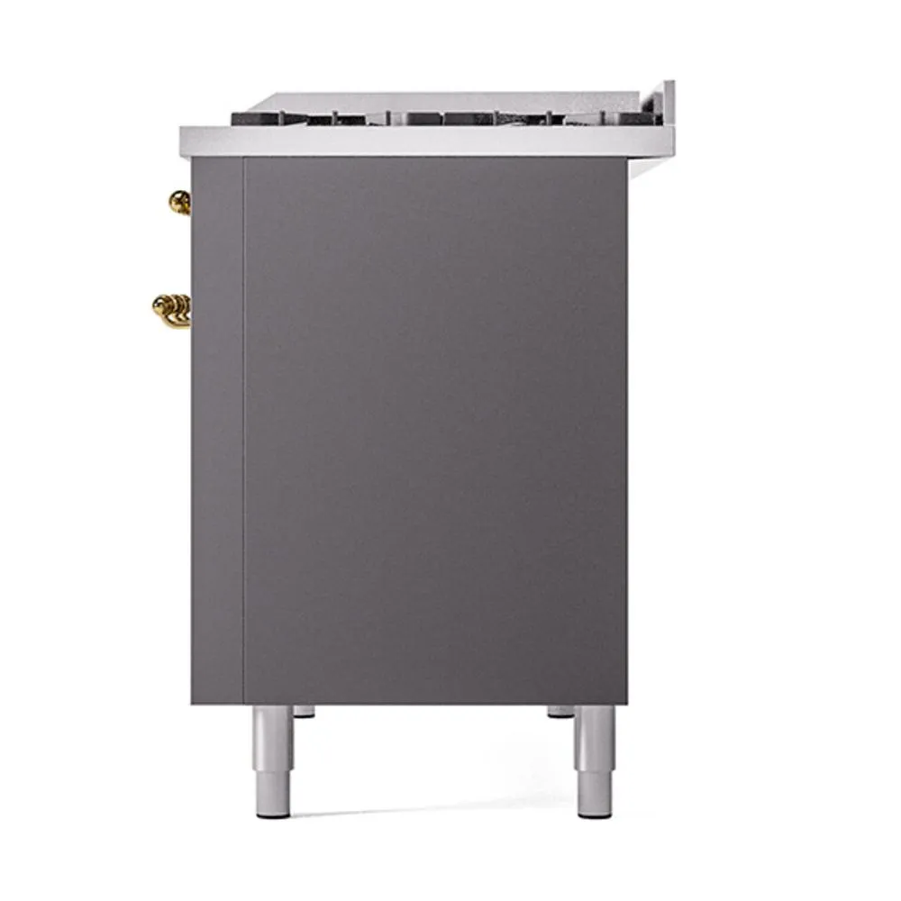 Ilve UN48FQNMPMGG Ilve Un48Fqnmpmgg Nostalgie Ii Noblesse 48" Dual Fuel Range (8 Sealed Burners   Griddle, Natural Gas, Solid Door, Graphite Matte, Brass)
