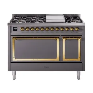 Ilve UN48FQNMPMGG Ilve Un48Fqnmpmgg Nostalgie Ii Noblesse 48" Dual Fuel Range (8 Sealed Burners   Griddle, Natural Gas, Solid Door, Graphite Matte, Brass)