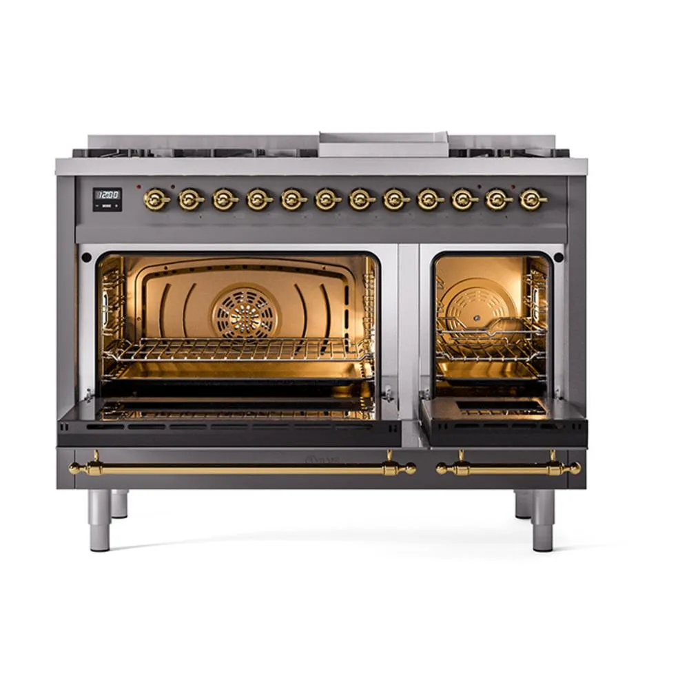 Ilve UN48FQNMPMGG Ilve Un48Fqnmpmgg Nostalgie Ii Noblesse 48" Dual Fuel Range (8 Sealed Burners   Griddle, Natural Gas, Solid Door, Graphite Matte, Brass)