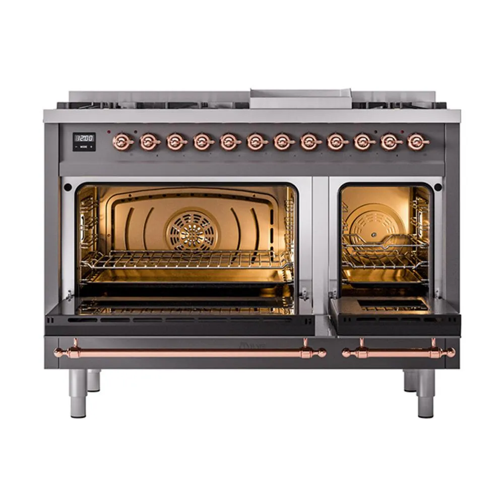 Ilve UN48FQNMPMGPLP Ilve Un48Fqnmpmgplp Nostalgie Ii Noblesse 48" Dual Fuel Range (8 Sealed Burners   Griddle, Liquid Propane, Solid Door, Graphite Matte, Copper)