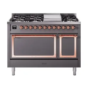 Ilve UN48FQNMPMGPLP Ilve Un48Fqnmpmgplp Nostalgie Ii Noblesse 48" Dual Fuel Range (8 Sealed Burners   Griddle, Liquid Propane, Solid Door, Graphite Matte, Copper)