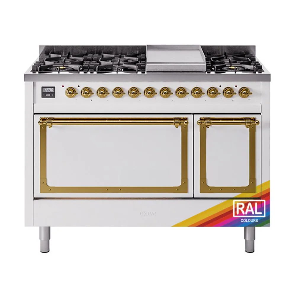Ilve UN48FQNMPRAGLP Ilve Un48Fqnmpraglp Nostalgie Ii Noblesse 48" Dual Fuel Range (8 Sealed Burners   Griddle, Liquid Propane, Solid Door, Ral, Brass)