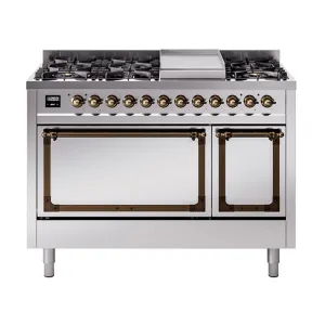 Ilve UN48FQNMPSSB Ilve Un48Fqnmpssb Nostalgie Ii Noblesse 48" Dual Fuel Range (8 Sealed Burners   Griddle, Natural Gas, Solid Door, Stainless Steel, Burnished)