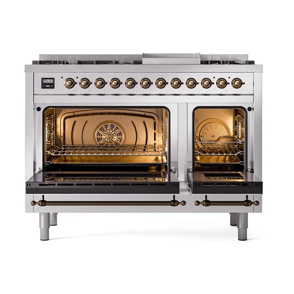 Ilve UN48FQNMPSSB Ilve Un48Fqnmpssb Nostalgie Ii Noblesse 48" Dual Fuel Range (8 Sealed Burners   Griddle, Natural Gas, Solid Door, Stainless Steel, Burnished)