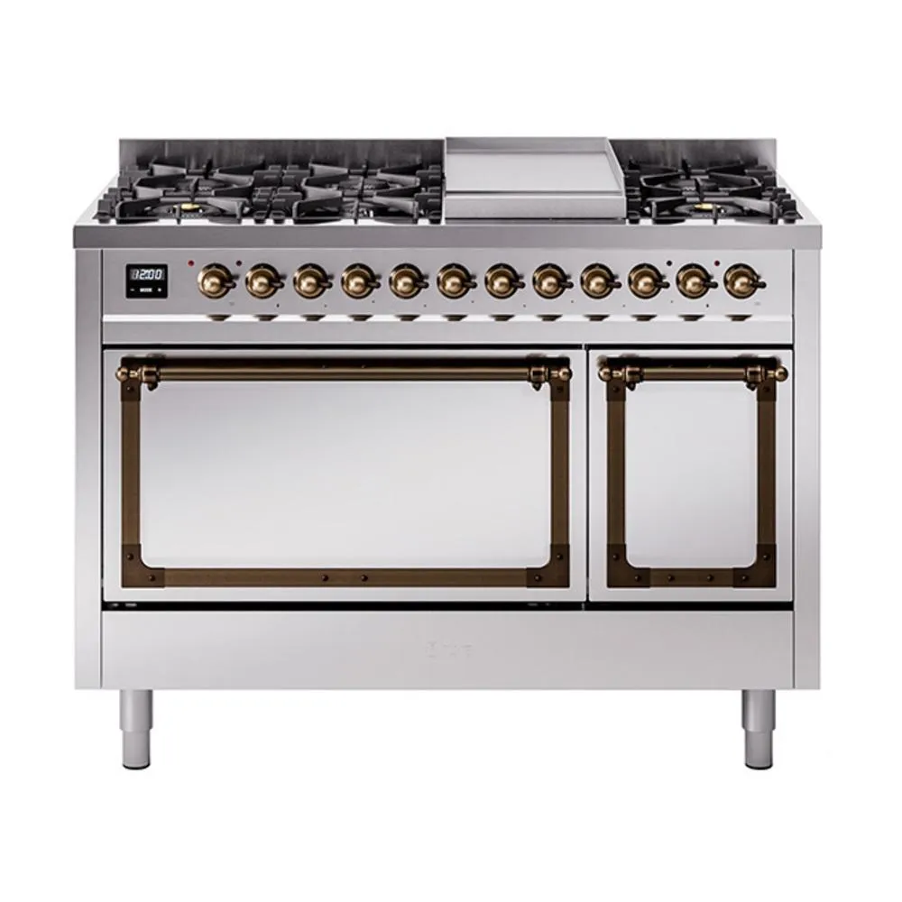 Ilve UN48FQNMPSSBLP Ilve Un48Fqnmpssblp Nostalgie Ii Noblesse 48" Dual Fuel Range (8 Sealed Burners   Griddle, Liquid Propane, Solid Door, Stainless Steel, Burnished)