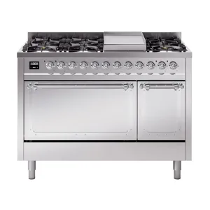 Ilve UN48FQNMPSSC Ilve Un48Fqnmpssc Nostalgie Ii Noblesse 48" Dual Fuel Range (8 Sealed Burners   Griddle, Natural Gas, Solid Door, Stainless Steel, Chrome)
