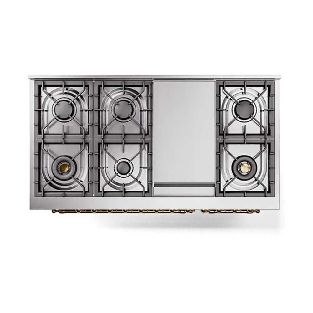 Ilve UN48FQNMPSSG Ilve Un48Fqnmpssg Nostalgie Ii Noblesse 48" Dual Fuel Range (8 Sealed Burners   Griddle, Natural Gas, Solid Door, Stainless Steel, Brass)