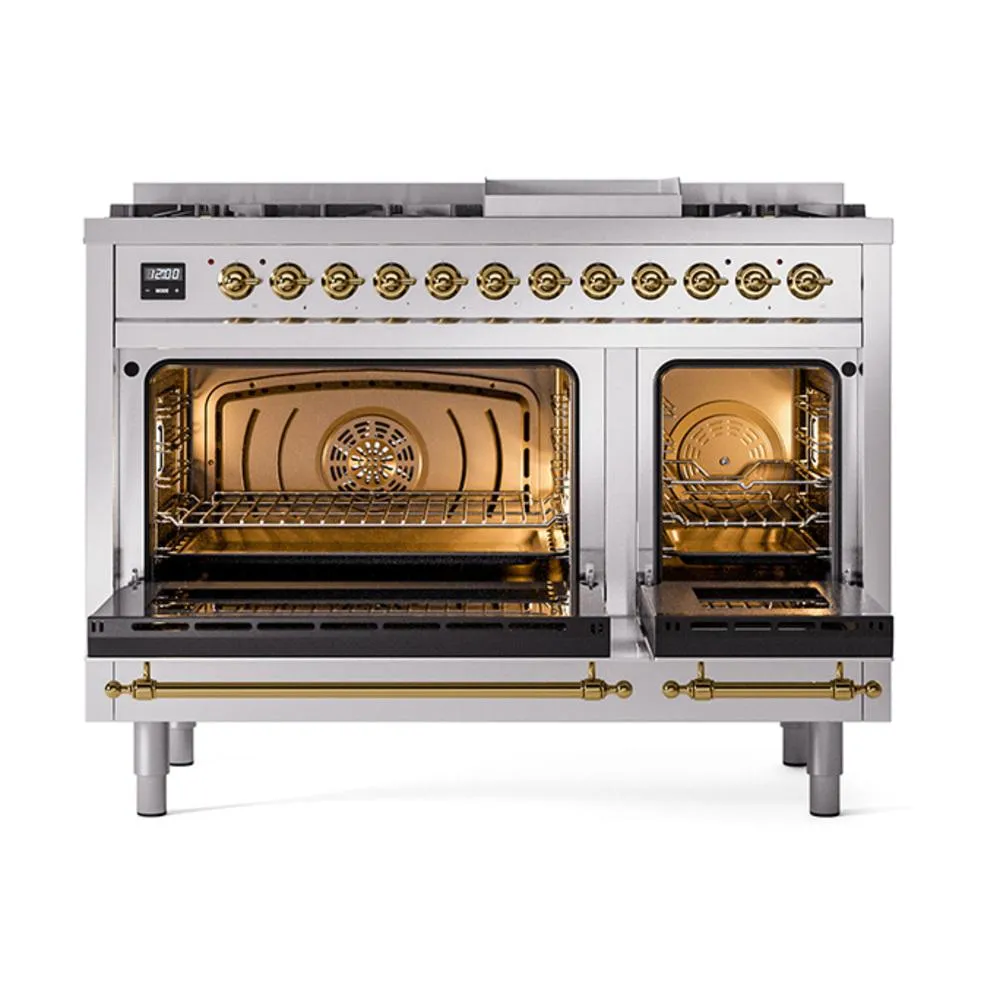 Ilve UN48FQNMPSSG Ilve Un48Fqnmpssg Nostalgie Ii Noblesse 48" Dual Fuel Range (8 Sealed Burners   Griddle, Natural Gas, Solid Door, Stainless Steel, Brass)