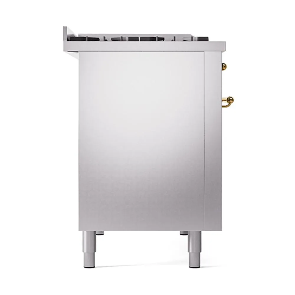 Ilve UN48FQNMPSSG Ilve Un48Fqnmpssg Nostalgie Ii Noblesse 48" Dual Fuel Range (8 Sealed Burners   Griddle, Natural Gas, Solid Door, Stainless Steel, Brass)
