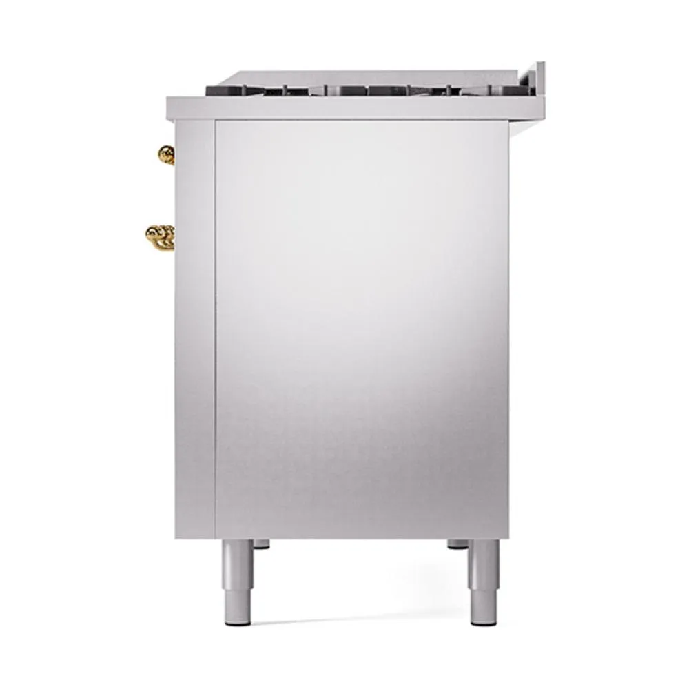 Ilve UN48FQNMPSSG Ilve Un48Fqnmpssg Nostalgie Ii Noblesse 48" Dual Fuel Range (8 Sealed Burners   Griddle, Natural Gas, Solid Door, Stainless Steel, Brass)