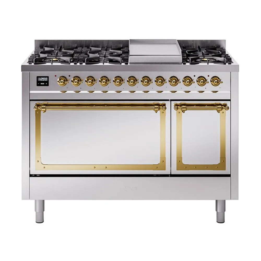 Ilve UN48FQNMPSSG Ilve Un48Fqnmpssg Nostalgie Ii Noblesse 48" Dual Fuel Range (8 Sealed Burners   Griddle, Natural Gas, Solid Door, Stainless Steel, Brass)