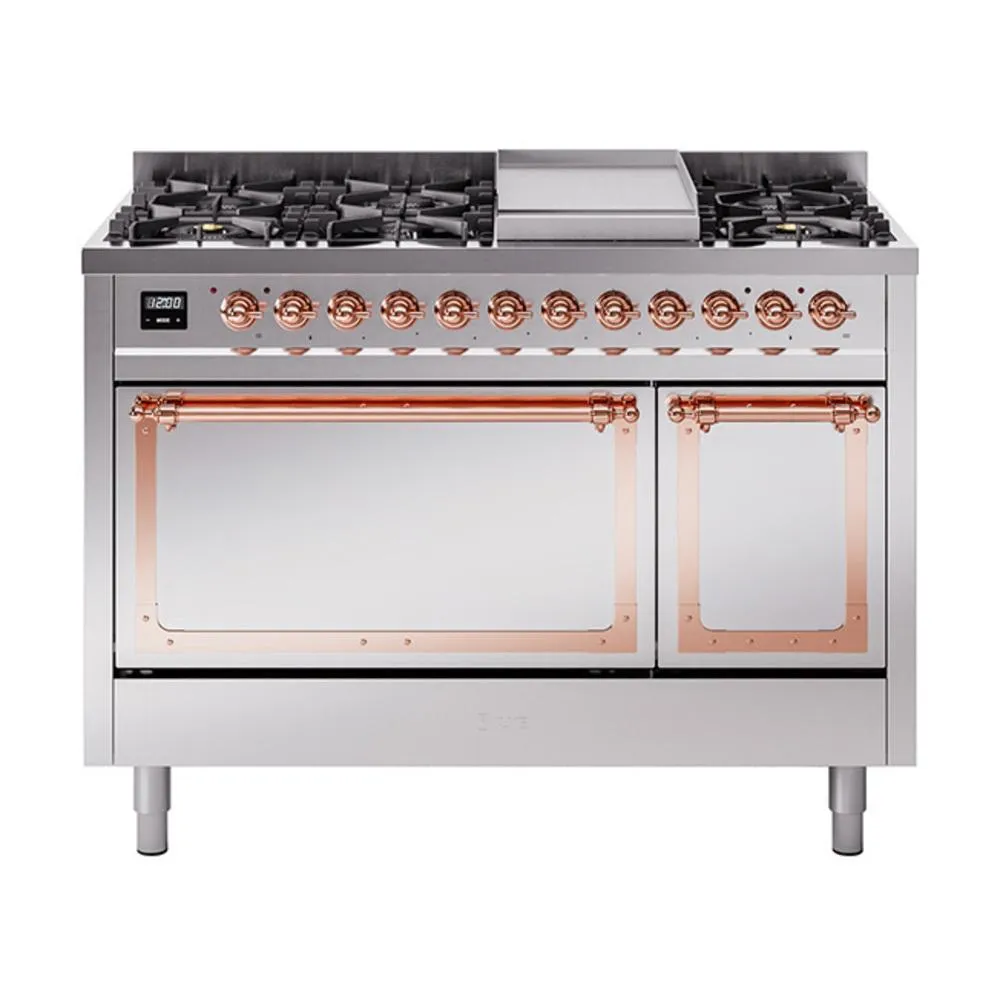 Ilve UN48FQNMPSSP Ilve Un48Fqnmpssp Nostalgie Ii Noblesse 48" Dual Fuel Range (8 Sealed Burners   Griddle, Natural Gas, Solid Door, Stainless Steel, Copper)