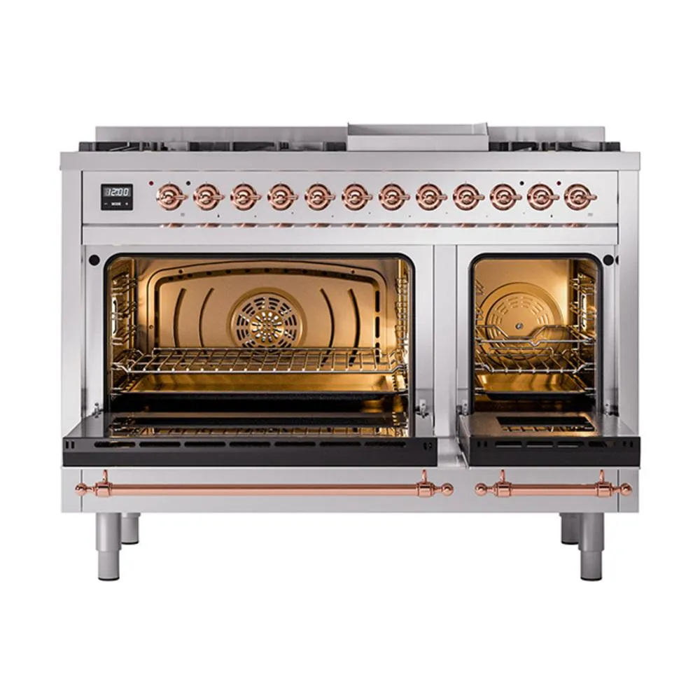 Ilve UN48FQNMPSSPLP Ilve Un48Fqnmpssplp Nostalgie Ii Noblesse 48" Dual Fuel Range (8 Sealed Burners   Griddle, Liquid Propane, Solid Door, Stainless Steel, Copper)