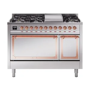 Ilve UN48FQNMPSSPLP Ilve Un48Fqnmpssplp Nostalgie Ii Noblesse 48" Dual Fuel Range (8 Sealed Burners   Griddle, Liquid Propane, Solid Door, Stainless Steel, Copper)