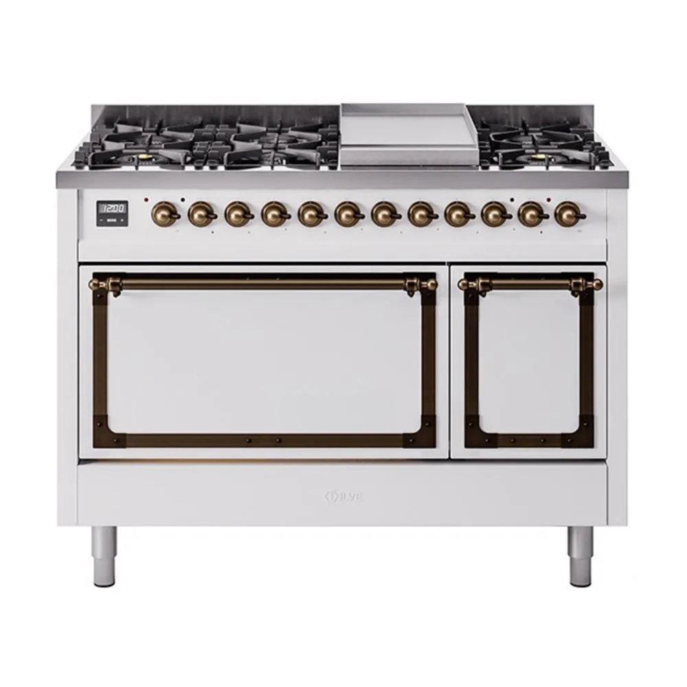 Ilve UN48FQNMPWHB Ilve Un48Fqnmpwhb Nostalgie Ii Noblesse 48" Dual Fuel Range (8 Sealed Burners   Griddle, Natural Gas, Solid Door, White, Burnished)