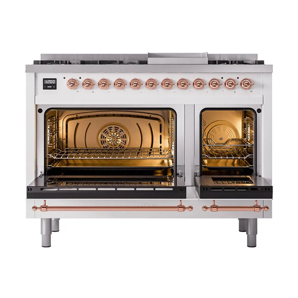 Ilve UN48FQNMPWHP Ilve Un48Fqnmpwhp Nostalgie Ii Noblesse 48" Dual Fuel Range (8 Sealed Burners   Griddle, Natural Gas, Solid Door, White, Copper)