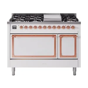 Ilve UN48FQNMPWHP Ilve Un48Fqnmpwhp Nostalgie Ii Noblesse 48" Dual Fuel Range (8 Sealed Burners   Griddle, Natural Gas, Solid Door, White, Copper)