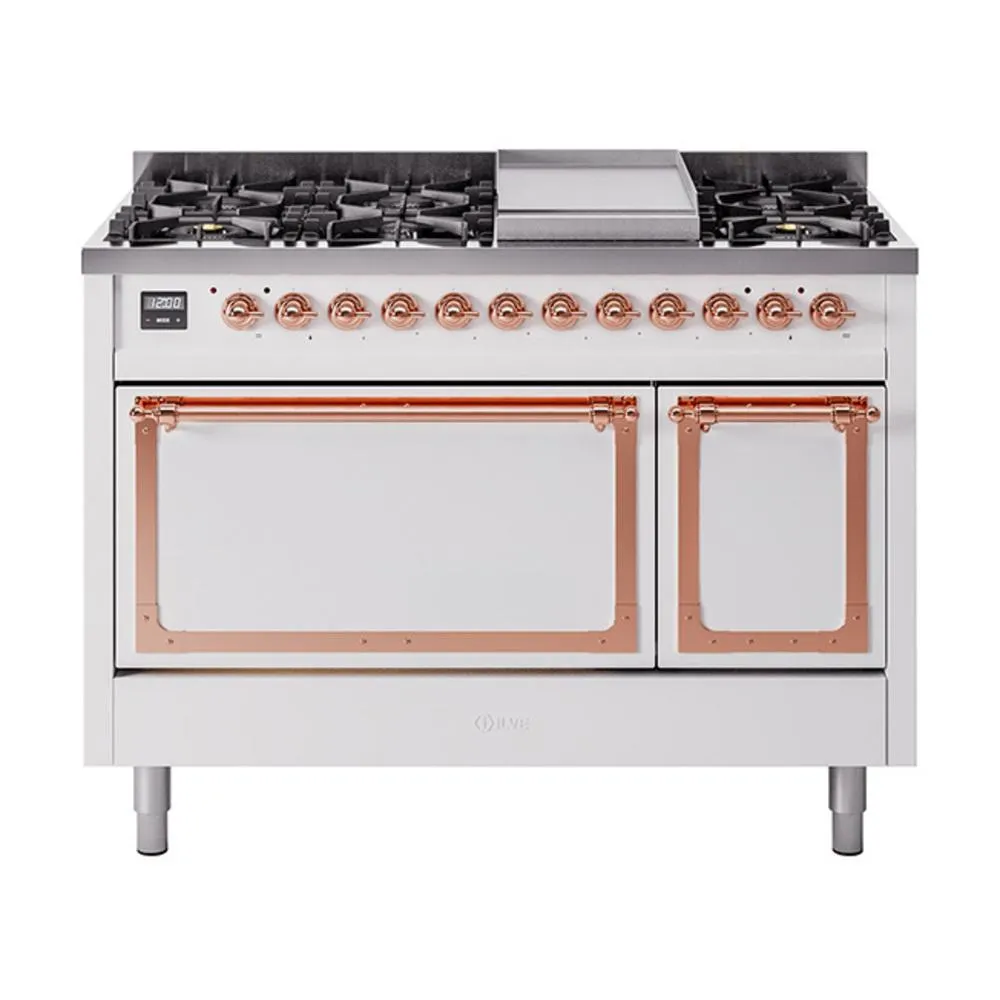 Ilve UN48FQNMPWHP Ilve Un48Fqnmpwhp Nostalgie Ii Noblesse 48" Dual Fuel Range (8 Sealed Burners   Griddle, Natural Gas, Solid Door, White, Copper)