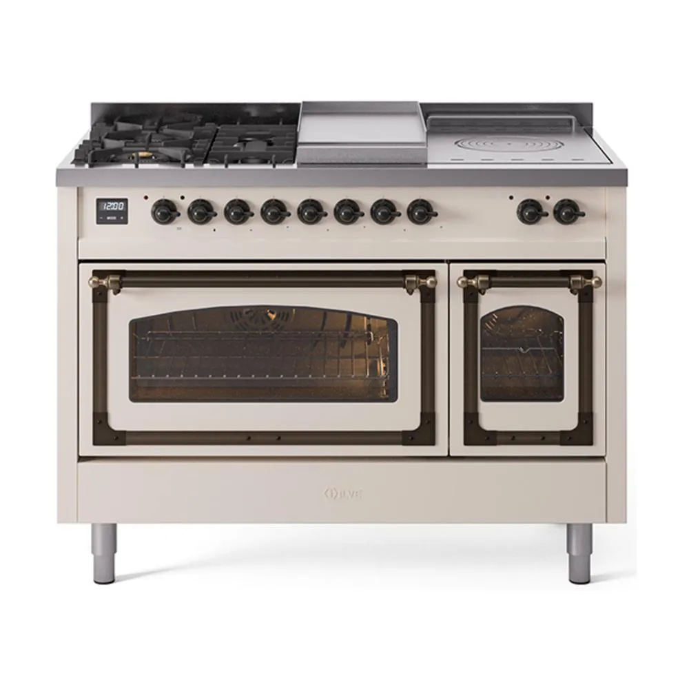 Ilve UN48FSNMPAWBLP Ilve Un48Fsnmpawblp Nostalgie Ii Noblesse 48" Dual Fuel Range (5 Sealed Burners   Griddle   French Top, Liquid Propane, Triple Glass Door, Antique White, Burnished)