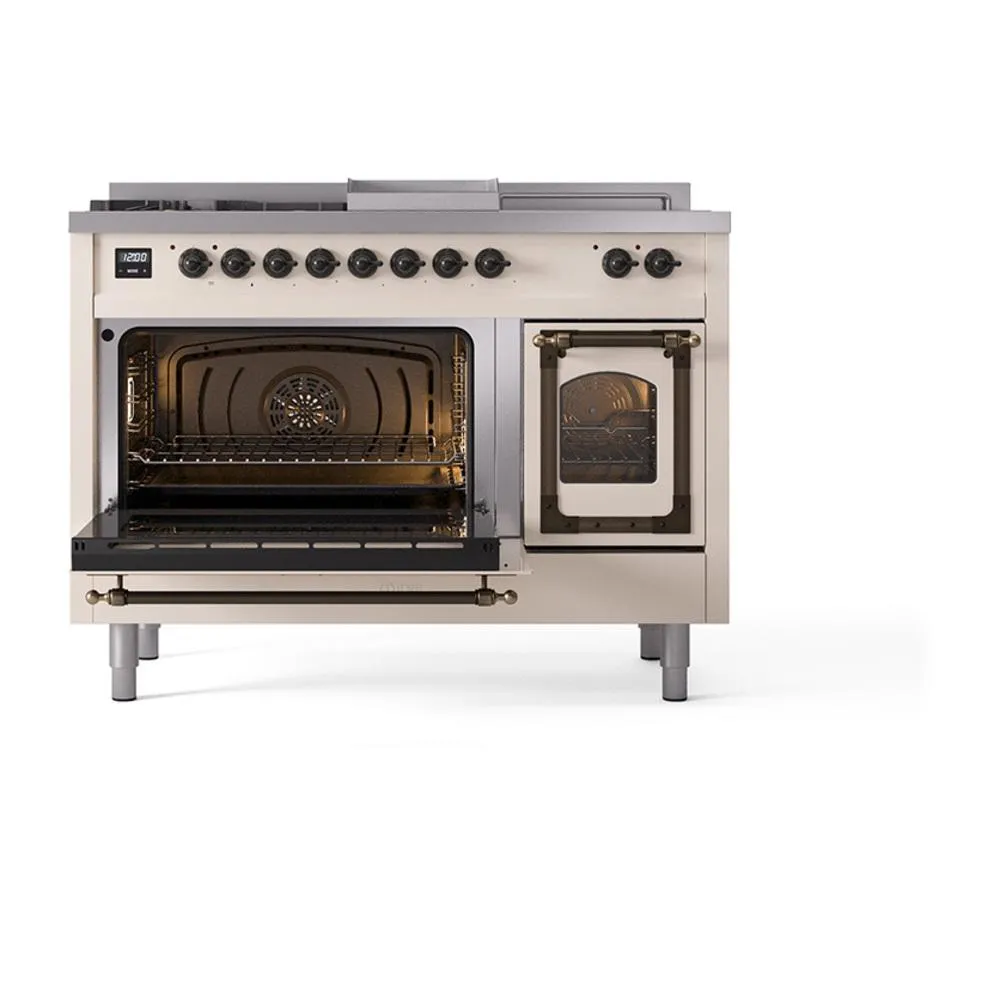 Ilve UN48FSNMPAWBLP Ilve Un48Fsnmpawblp Nostalgie Ii Noblesse 48" Dual Fuel Range (5 Sealed Burners   Griddle   French Top, Liquid Propane, Triple Glass Door, Antique White, Burnished)