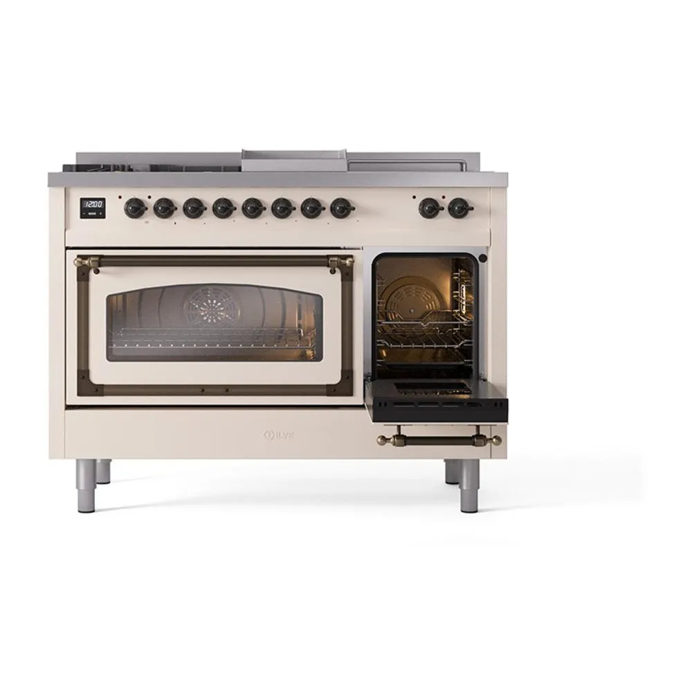 Ilve UN48FSNMPAWBLP Ilve Un48Fsnmpawblp Nostalgie Ii Noblesse 48" Dual Fuel Range (5 Sealed Burners   Griddle   French Top, Liquid Propane, Triple Glass Door, Antique White, Burnished)