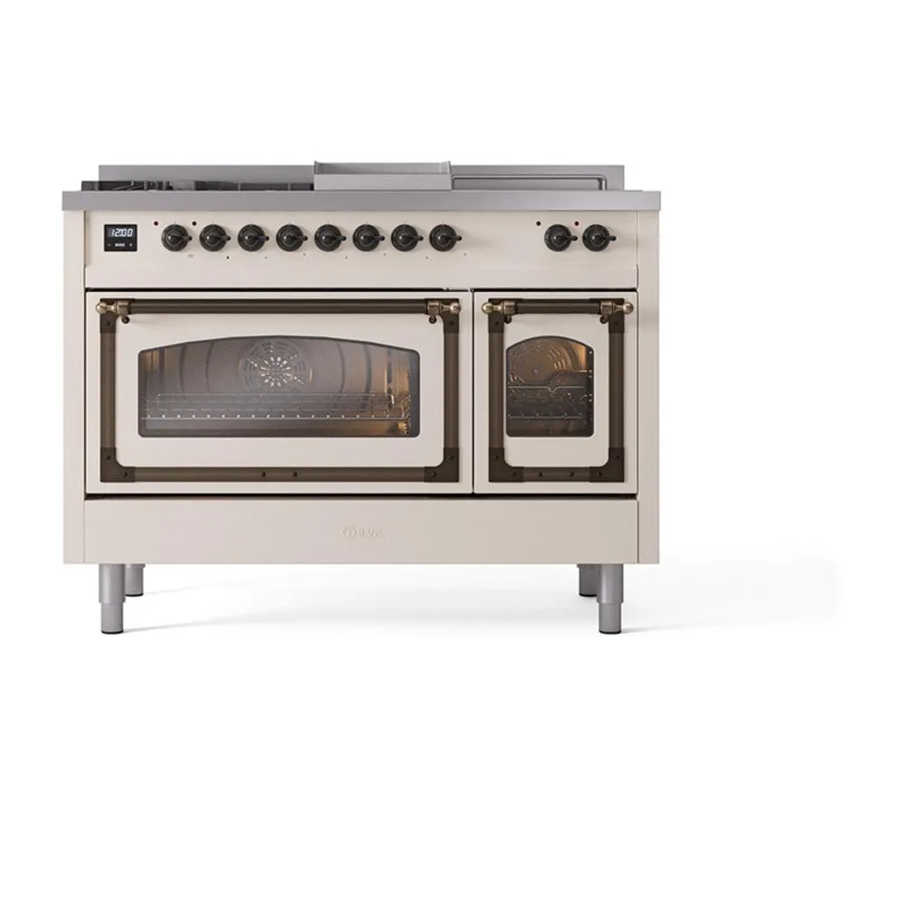 Ilve UN48FSNMPAWBLP Ilve Un48Fsnmpawblp Nostalgie Ii Noblesse 48" Dual Fuel Range (5 Sealed Burners   Griddle   French Top, Liquid Propane, Triple Glass Door, Antique White, Burnished)
