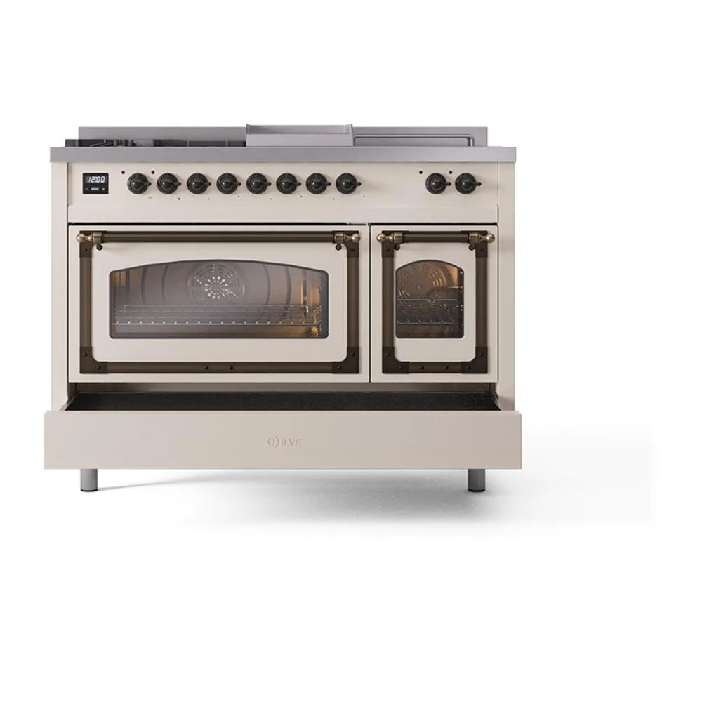 Ilve UN48FSNMPAWBLP Ilve Un48Fsnmpawblp Nostalgie Ii Noblesse 48" Dual Fuel Range (5 Sealed Burners   Griddle   French Top, Liquid Propane, Triple Glass Door, Antique White, Burnished)