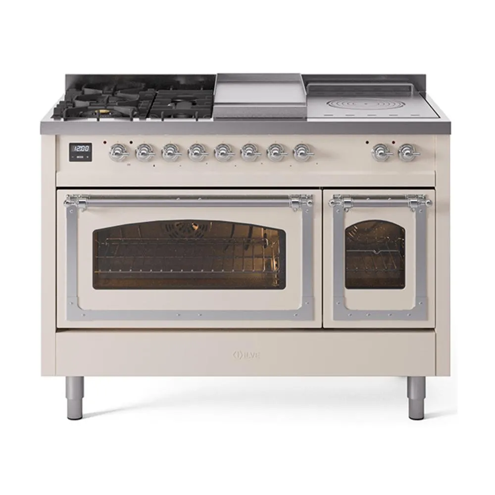 Ilve UN48FSNMPAWC Ilve Un48Fsnmpawc Nostalgie Ii Noblesse 48" Dual Fuel Range (5 Sealed Burners   Griddle   French Top, Natural Gas, Triple Glass Door, Antique White, Chrome)