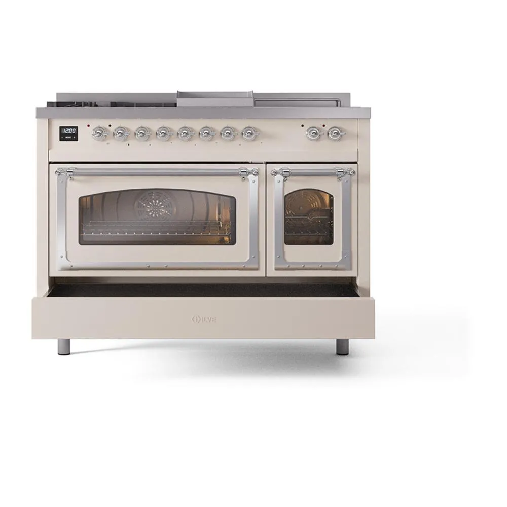 Ilve UN48FSNMPAWC Ilve Un48Fsnmpawc Nostalgie Ii Noblesse 48" Dual Fuel Range (5 Sealed Burners   Griddle   French Top, Natural Gas, Triple Glass Door, Antique White, Chrome)
