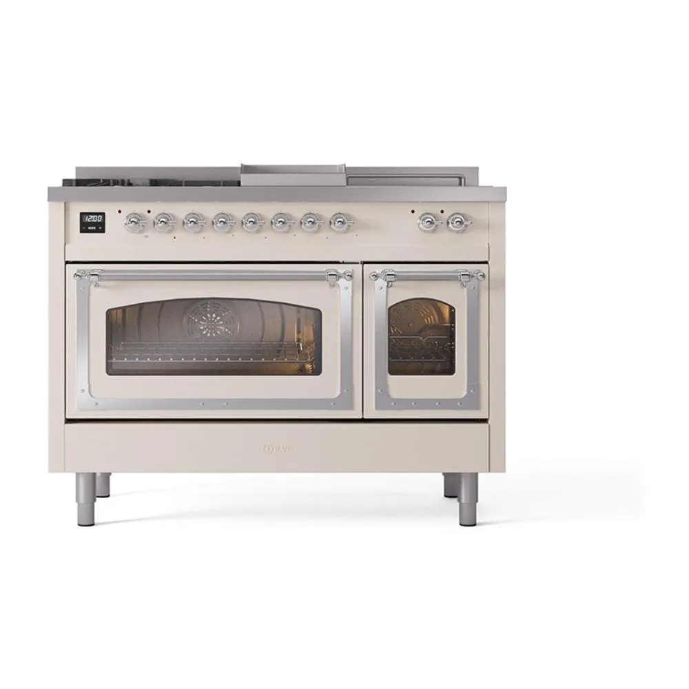Ilve UN48FSNMPAWC Ilve Un48Fsnmpawc Nostalgie Ii Noblesse 48" Dual Fuel Range (5 Sealed Burners   Griddle   French Top, Natural Gas, Triple Glass Door, Antique White, Chrome)