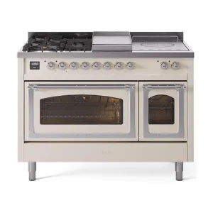 Ilve UN48FSNMPAWC Ilve Un48Fsnmpawc Nostalgie Ii Noblesse 48" Dual Fuel Range (5 Sealed Burners   Griddle   French Top, Natural Gas, Triple Glass Door, Antique White, Chrome)