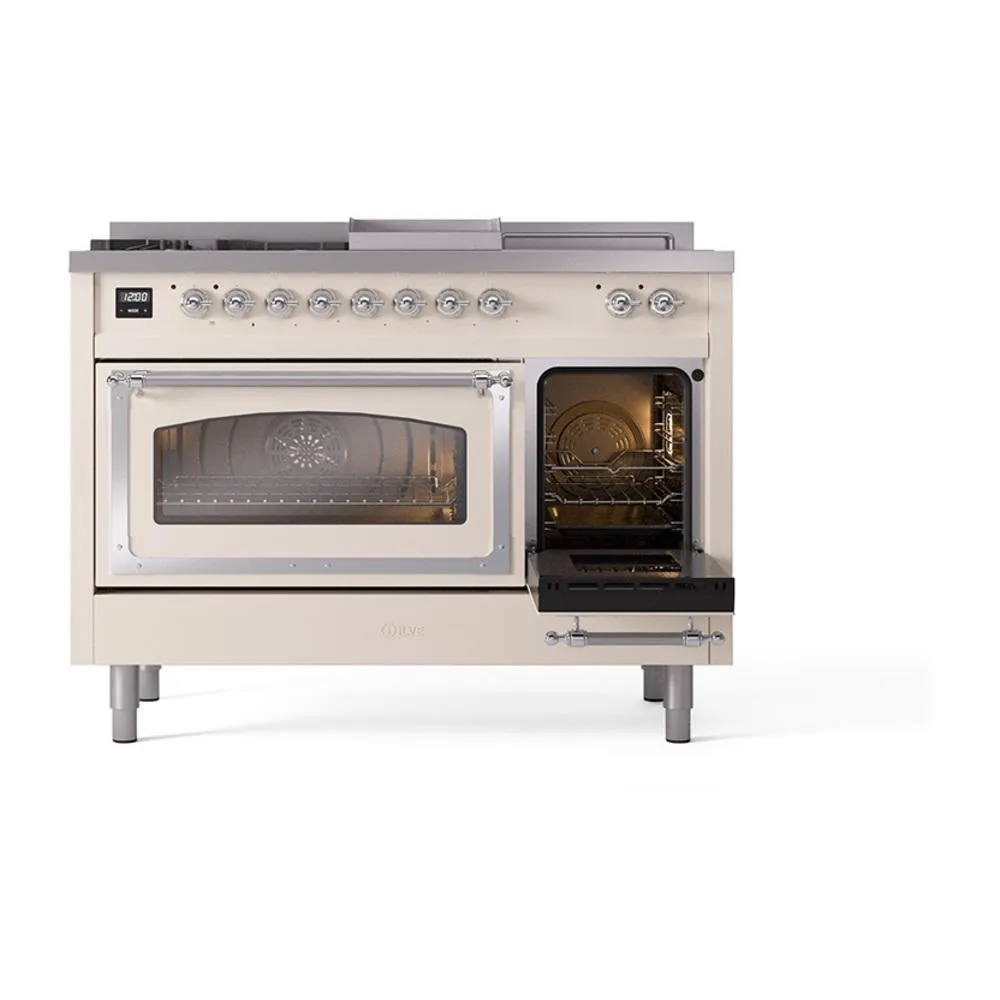 Ilve UN48FSNMPAWC Ilve Un48Fsnmpawc Nostalgie Ii Noblesse 48" Dual Fuel Range (5 Sealed Burners   Griddle   French Top, Natural Gas, Triple Glass Door, Antique White, Chrome)