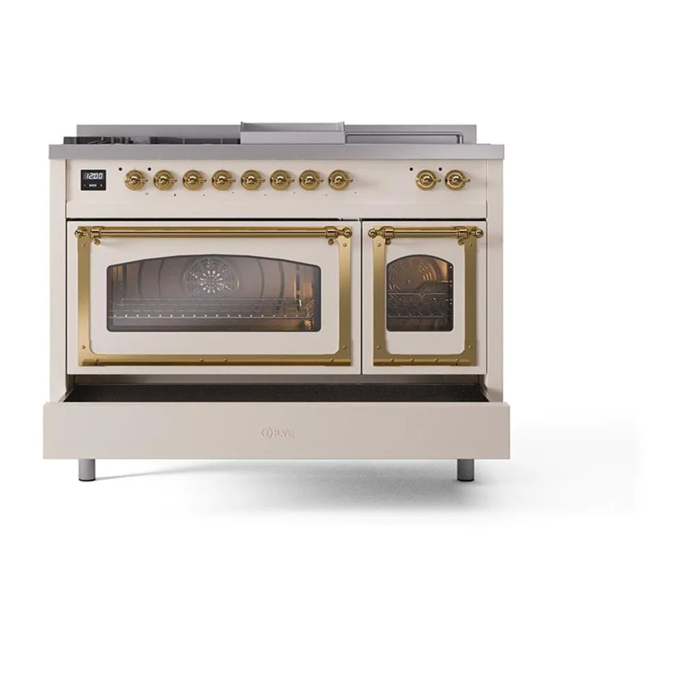 Ilve UN48FSNMPAWGLP Ilve Un48Fsnmpawglp Nostalgie Ii Noblesse 48" Dual Fuel Range (5 Sealed Burners   Griddle   French Top, Liquid Propane, Triple Glass Door, Antique White, Brass)