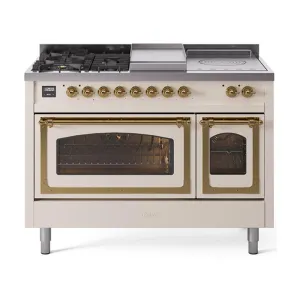 Ilve UN48FSNMPAWGLP Ilve Un48Fsnmpawglp Nostalgie Ii Noblesse 48" Dual Fuel Range (5 Sealed Burners   Griddle   French Top, Liquid Propane, Triple Glass Door, Antique White, Brass)