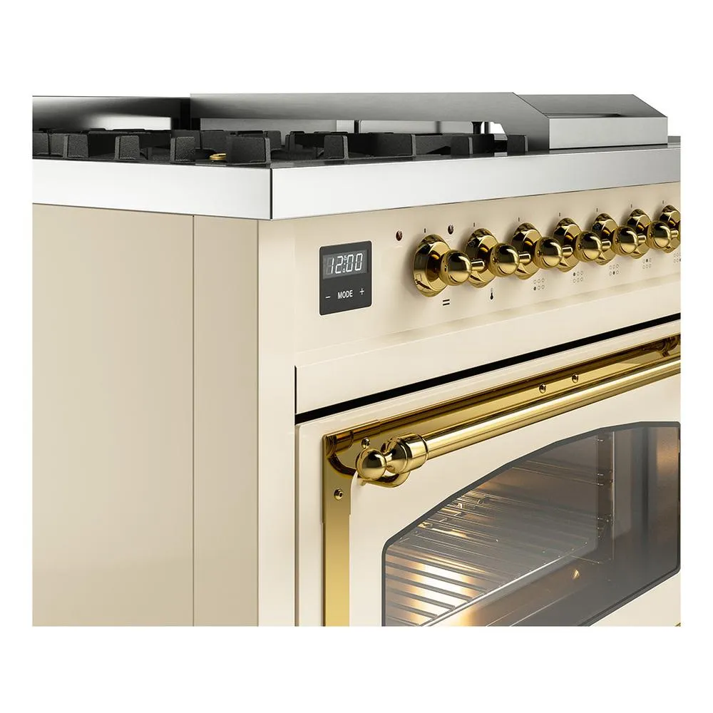 Ilve UN48FSNMPAWGLP Ilve Un48Fsnmpawglp Nostalgie Ii Noblesse 48" Dual Fuel Range (5 Sealed Burners   Griddle   French Top, Liquid Propane, Triple Glass Door, Antique White, Brass)